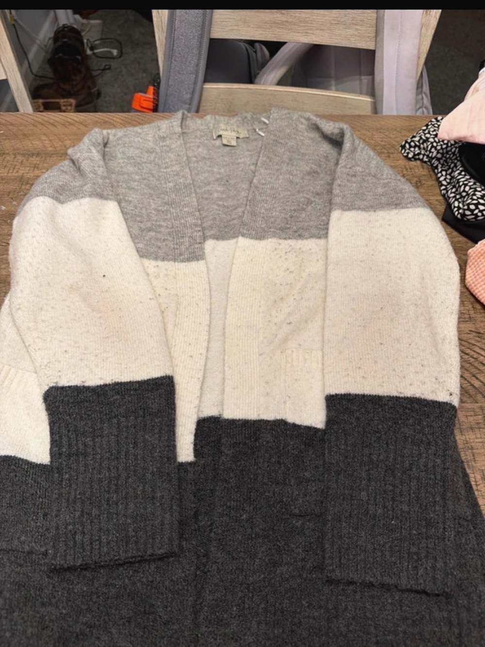 Charlie Paige Three-Tone Open Cardigan Sweater - Gray, White, Dark Gray